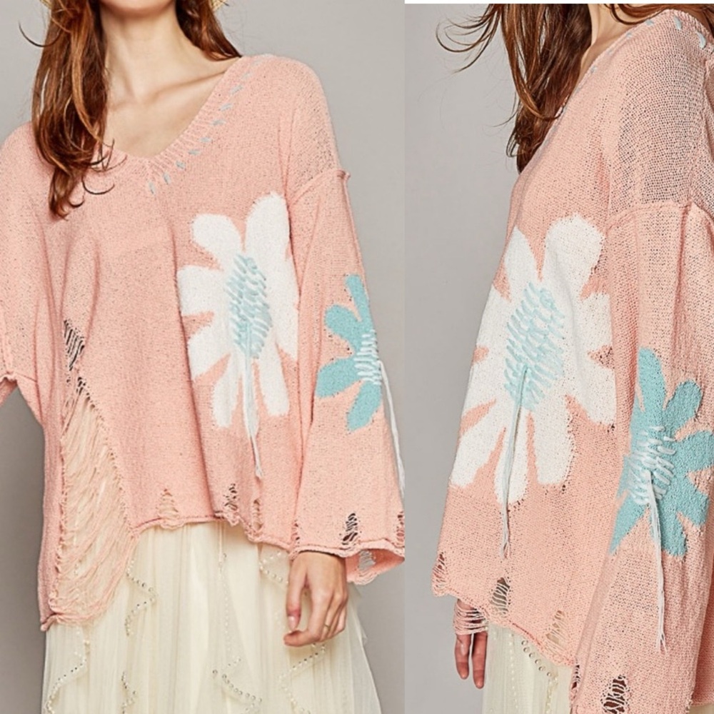 121. POL LAST 1! CLEARANCE embroidered lightweight distressed flower sweater - Picture 2 of 4